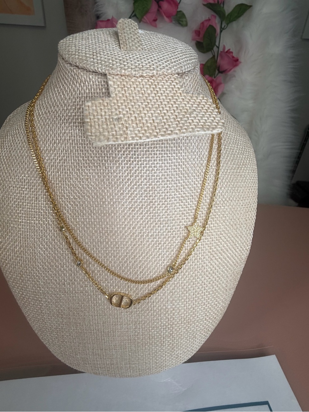 Christian Dior Gold Clair D Lune Double Strand Star CD Logo Charm Necklace w/COA